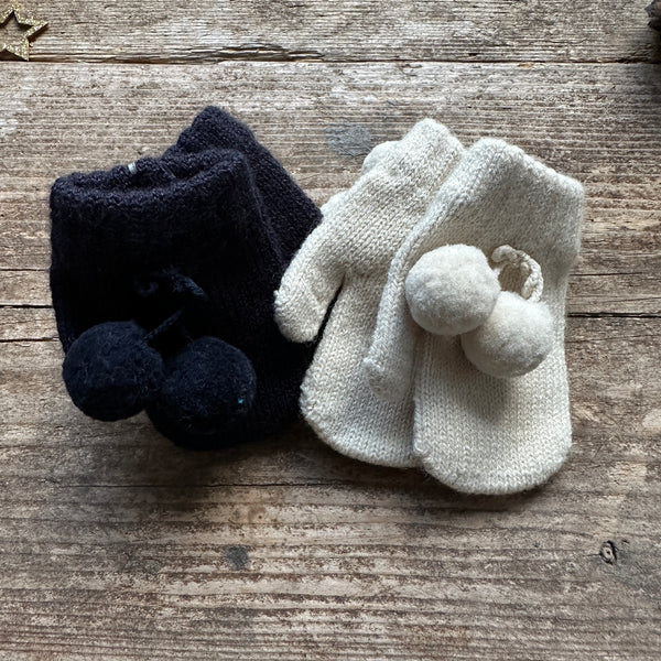 One-Finger Baby Mittens With Pompoms | Navy Blue