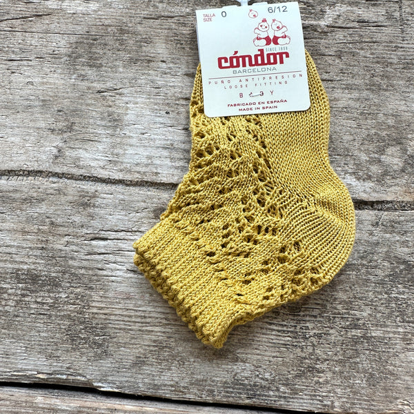 Perle Cotton Openwork Ankle Socks | Mustard