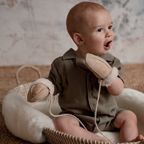 Baby Sheepskin Puddy Mittens on String | Sand