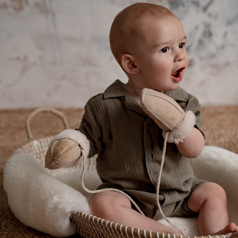 Baby Sheepskin Puddy Mittens on String | Sand