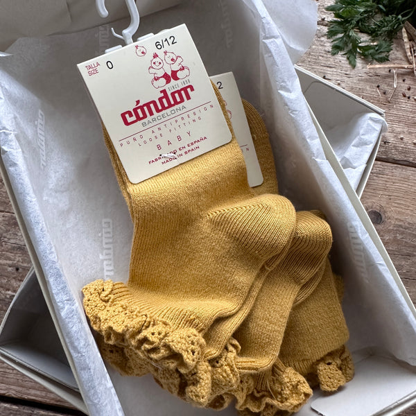 Short Socks with Lace Edging Cuff | Mustard