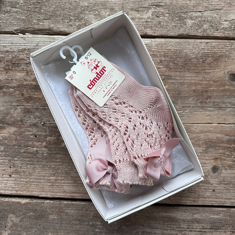 Perle Cotton Openwork Ankle Socks With Bow | Old Rose