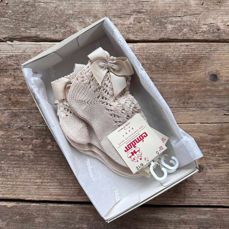Perle Cotton Openwork Ankle Socks With Bow | Linen