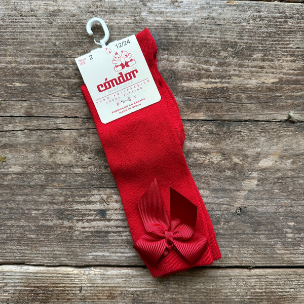 Cotton knee High Socks With Side Grosgrain Bow | Red