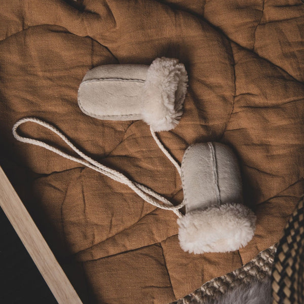 Baby Sheepskin Puddy Mittens on String | Sand