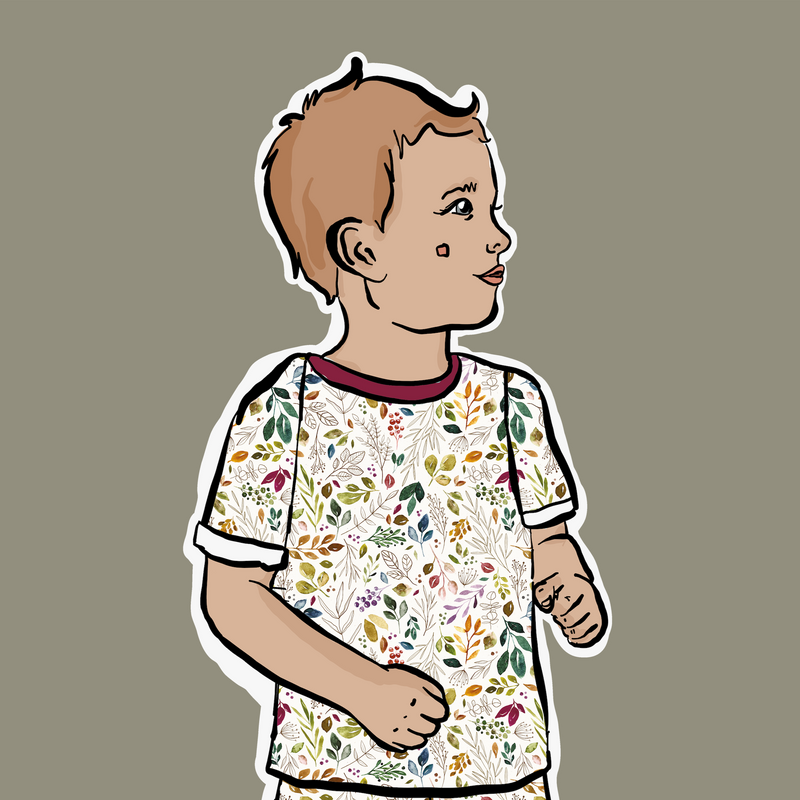 Illustration of a child wearing a patterned outfit on a brown background