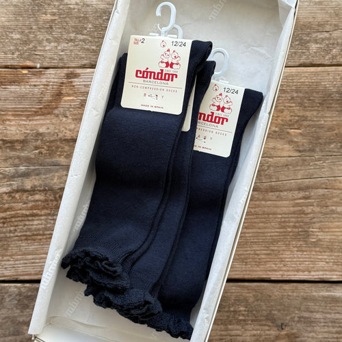 Knee Socks with Lace Edging Cuff | Navy Blue