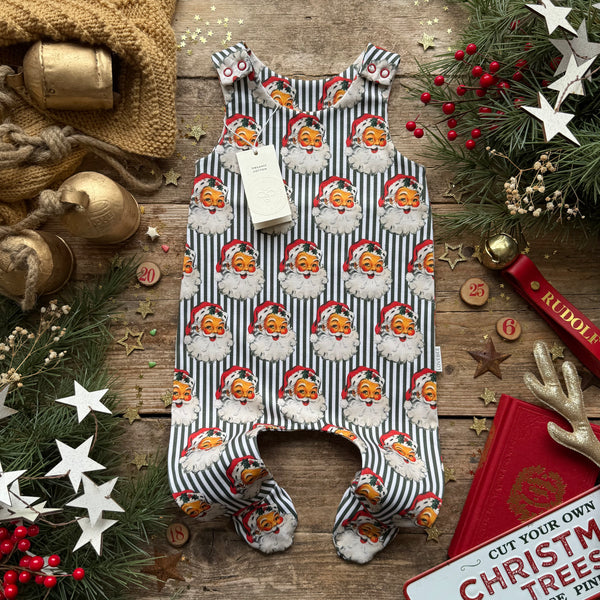 Green Santa Stripe Footed Romper