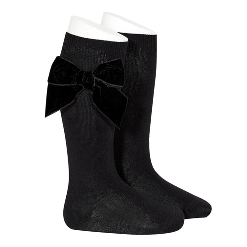 Cotton knee High Socks With Side Velvet Bow | Black