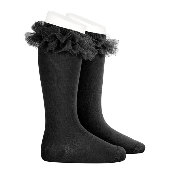 Tulle Ruffle Knee High Socks | Black