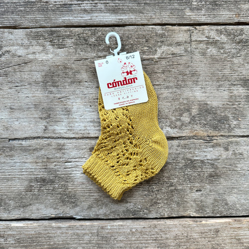 Perle Cotton Openwork Ankle Socks | Mustard