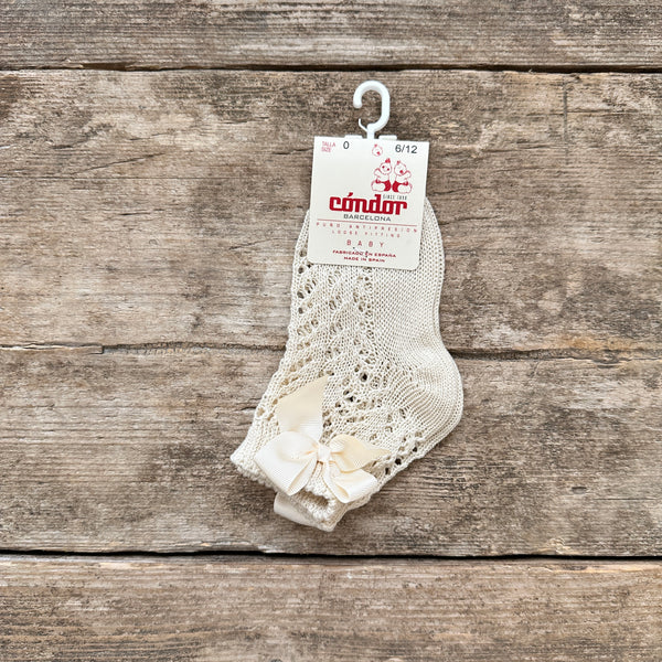 Perle Cotton Openwork Ankle Socks With Bow | Linen