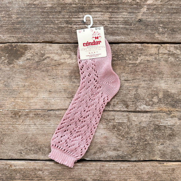 Perle Cotton Openwork knee High Socks | Pale Pink