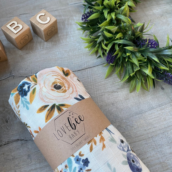 Lovebeeclub Mustard Floral Swaddle Blanket Organic Child Baby Clothing